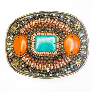 Lucky Brand Beaded Faux Turquoise & Orange Coral Belt Buckle